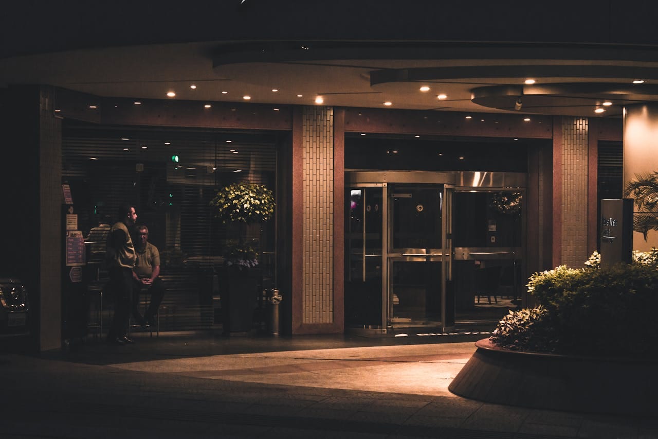 A sophisticated hotel entrance with contemporary lighting and stylish design.